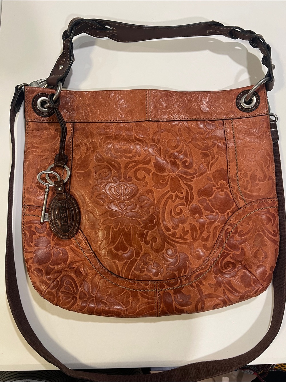 Fossil - Embossed Floral Leather “Winslet”Shoulder Bag, Cognac Brown